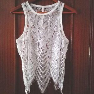 Summer Beach White Lace Sleeveless Tank Top